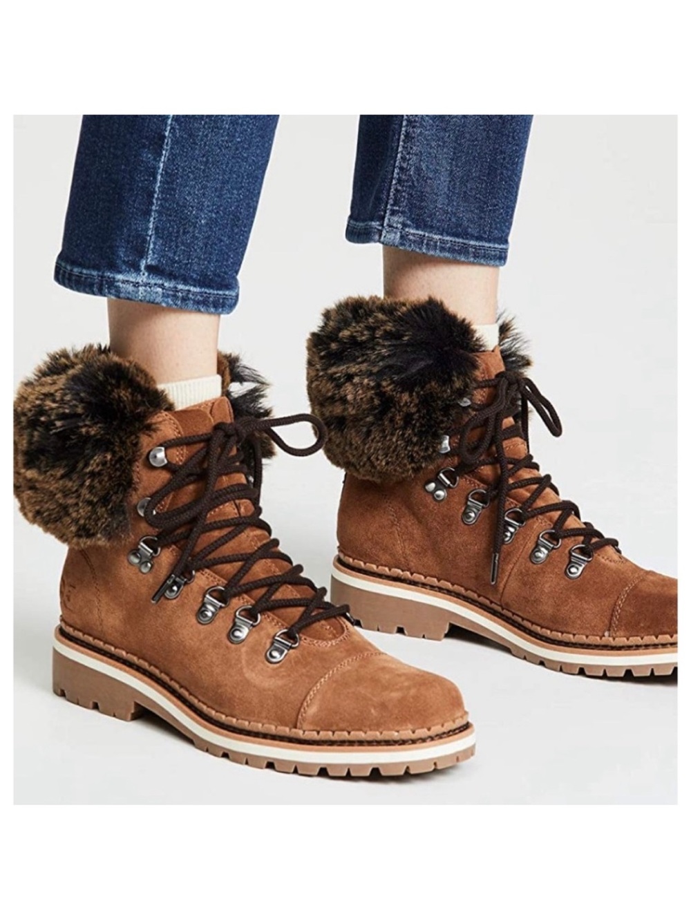 NWOB Sam Edelman Brown Suede BOWEN Lace-Up Faux Fur Collar Hiker Boots size 8M